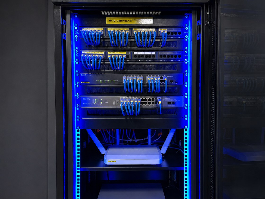 Rack empresarial real com switches, rede, servidores e armazenamento para backup